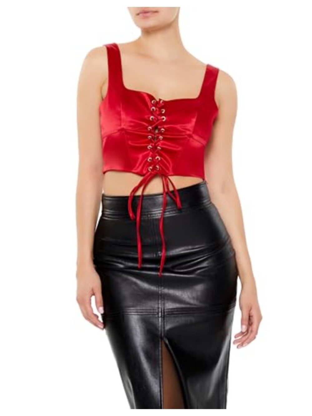 Satin Lace-up Crop Top Sleeveless Square Neck